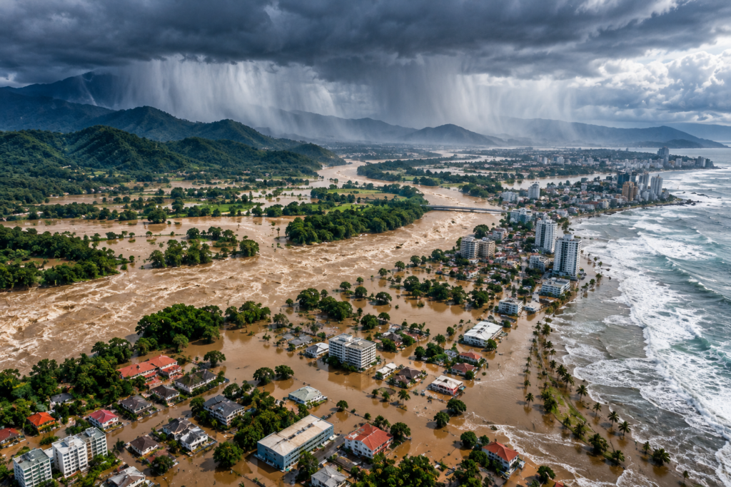 Vista aérea de una gran inundación causada por lluvias intensas, desbordamiento de ríos y anegamiento costero