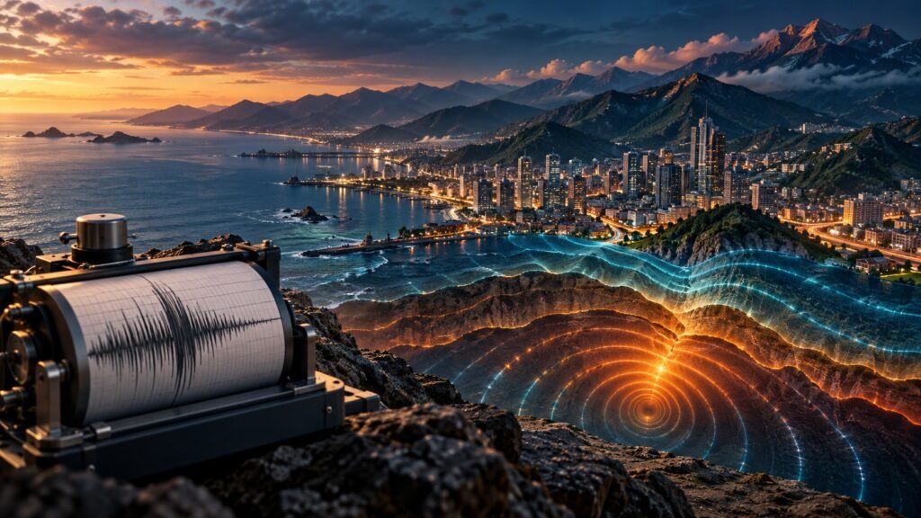 Conceptual illustration of a seismograph and seismic waves beneath a coastal city.