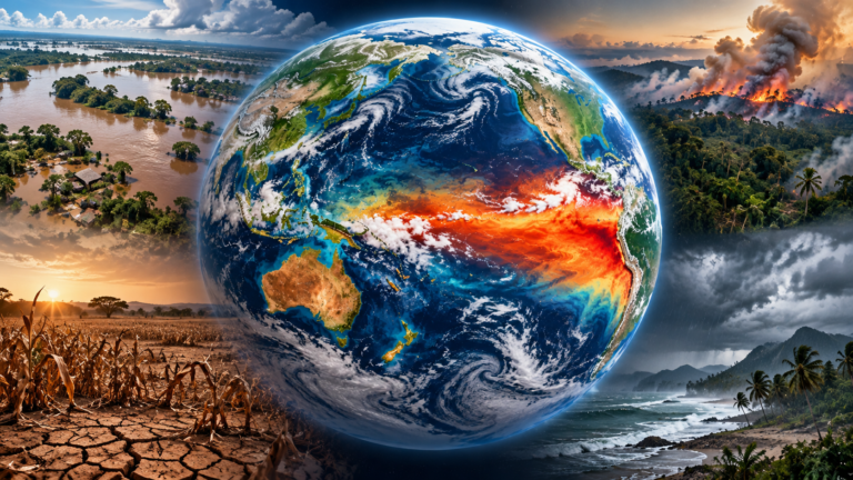 Ilustración conceptual de la Tierra con calentamiento del océano Pacífico y escenas simbólicas de inundaciones, sequías e incendios