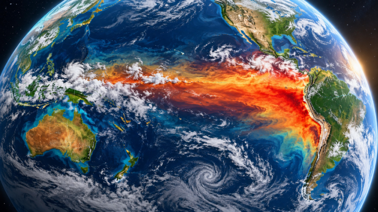 Ilustración conceptual del calentamiento del océano Pacífico ecuatorial durante El Niño, vista de la Tierra desde el espacio