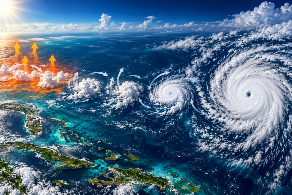 Evolución visual de un huracán desde tormentas sobre aguas cálidas hasta un ciclón tropical maduro con ojo definido