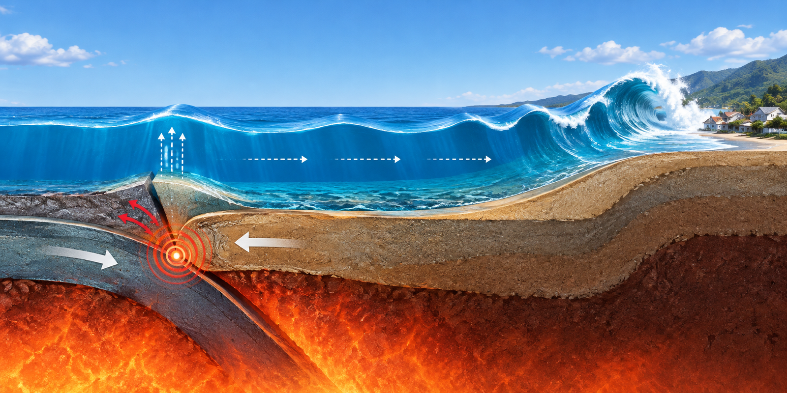 Diagram showing how an undersea earthquake displaces the seafloor, generates a tsunami and amplifies waves near shore