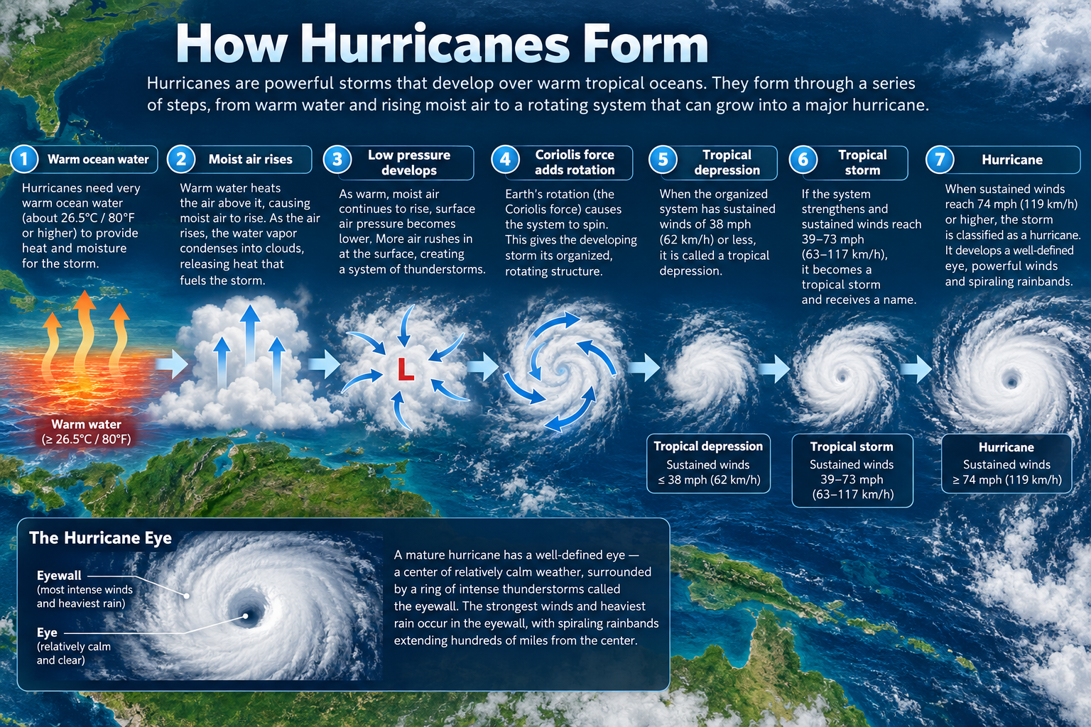 Infographic explaining how hurricanes form from warm ocean water through low pressure, rotation, tropical depression, tropical storm and hurricane