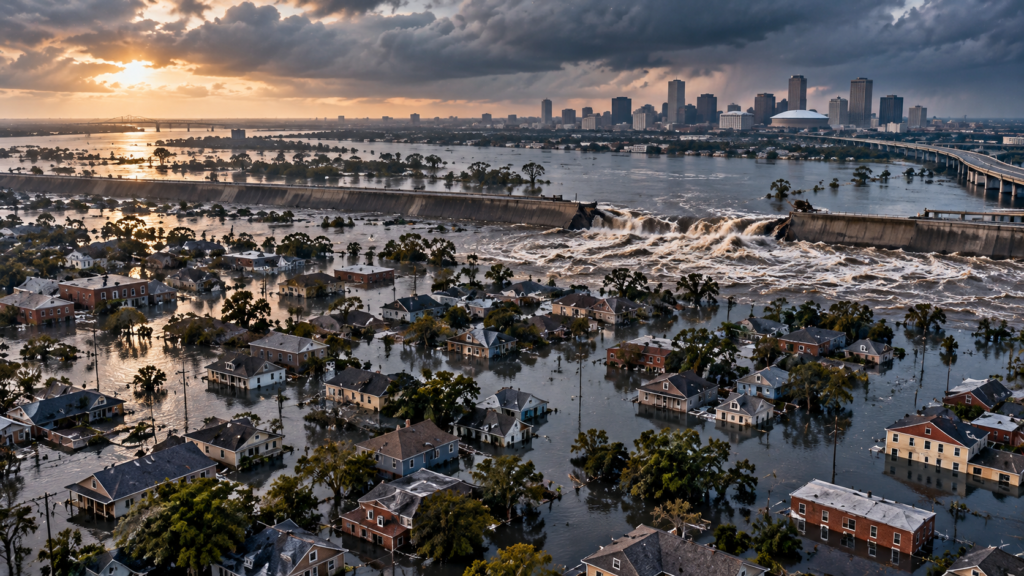 Reconstrucción artística conceptual de viviendas inundadas en Nueva Orleans durante un gran temporal, inspirada en el huracán Katrina de 2005