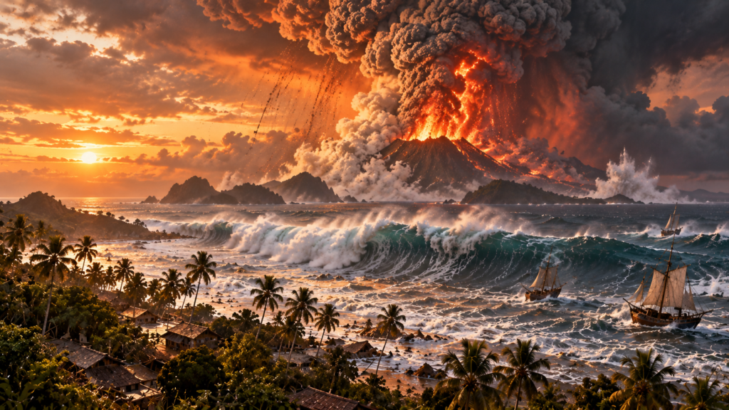 Recreación artística del volcán Krakatoa en erupción y un tsunami en el estrecho de Sonda