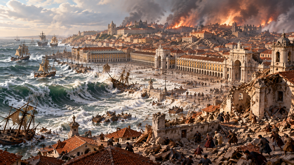 Recreación artística conceptual del terremoto, tsunami e incendios de Lisboa en 1755