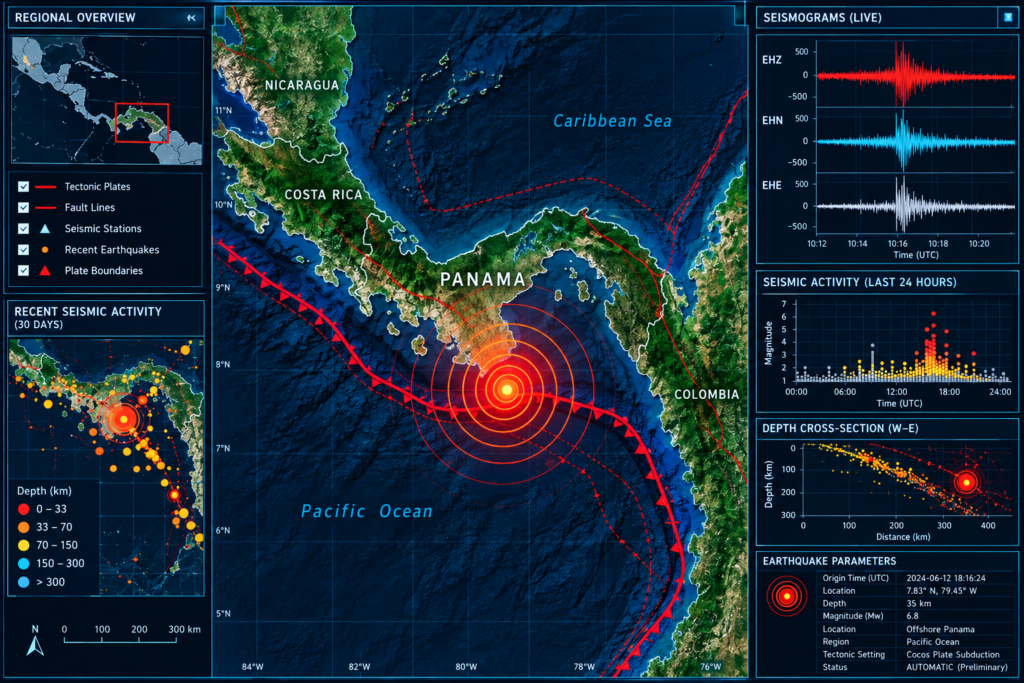 Informational seismic map of the M7.7 Panama earthquake showing the epicenter, seismic activity and tectonic context