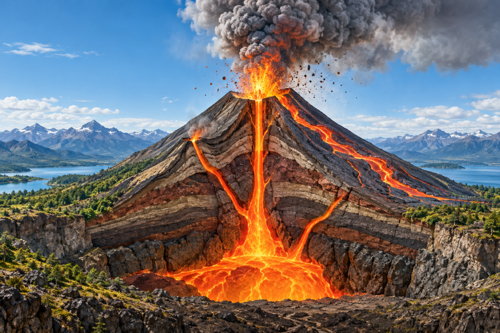 Corte transversal de un volcán mostrando cámara magmática, conductos, cráter, cono y coladas de lava