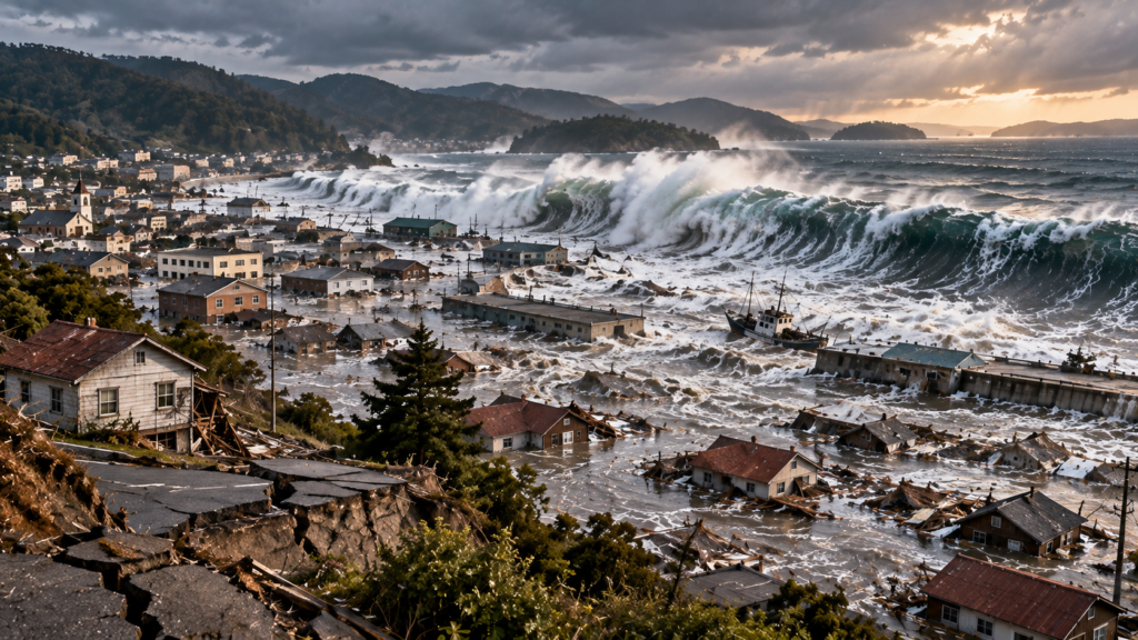 Recreación artística conceptual de un tsunami en un pueblo costero del sur de Chile; no es una fotografía de 1960
