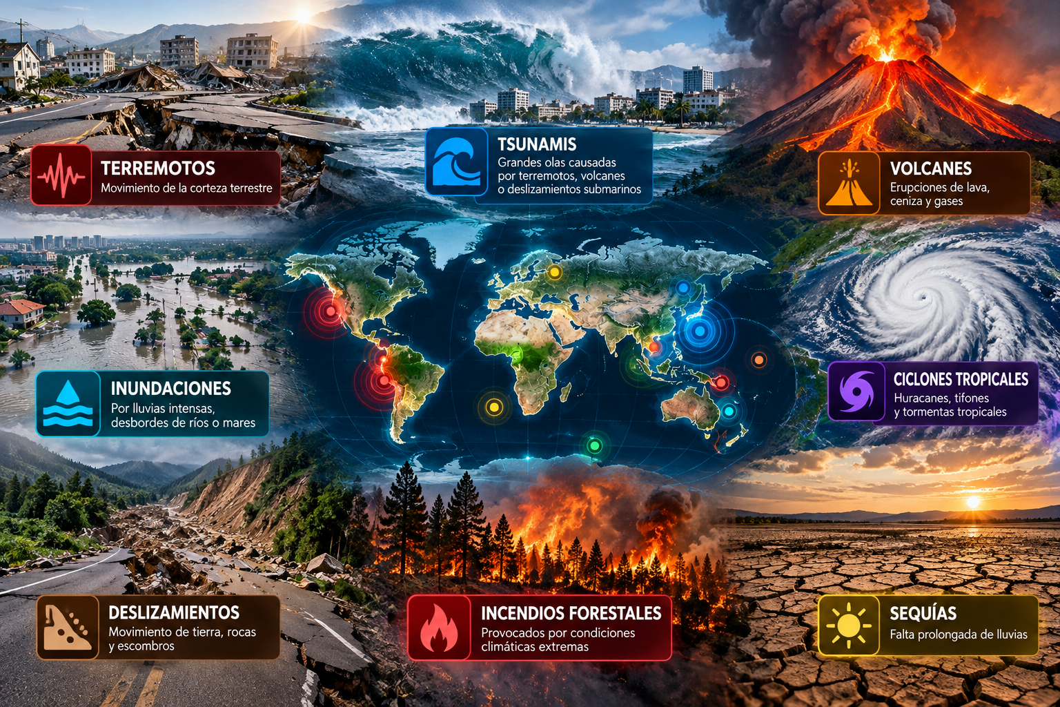 Infografía en español con terremotos, tsunamis, volcanes, ciclones tropicales, inundaciones, deslizamientos, incendios forestales y sequías