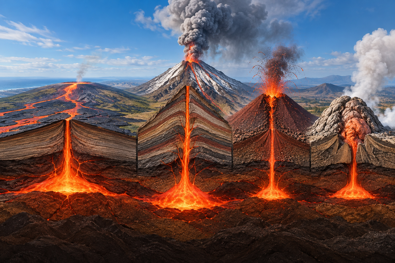 Corte geológico de cuatro tipos de volcanes con conductos, capas y cámaras magmáticas