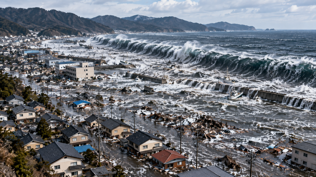 Recreación artística del tsunami de 2011 inundando una localidad costera japonesa; no es una fotografía histórica