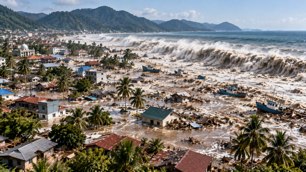 Recreación artística conceptual de inundaciones por tsunami en una localidad costera del océano Índico, inspirada en el desastre de 2004