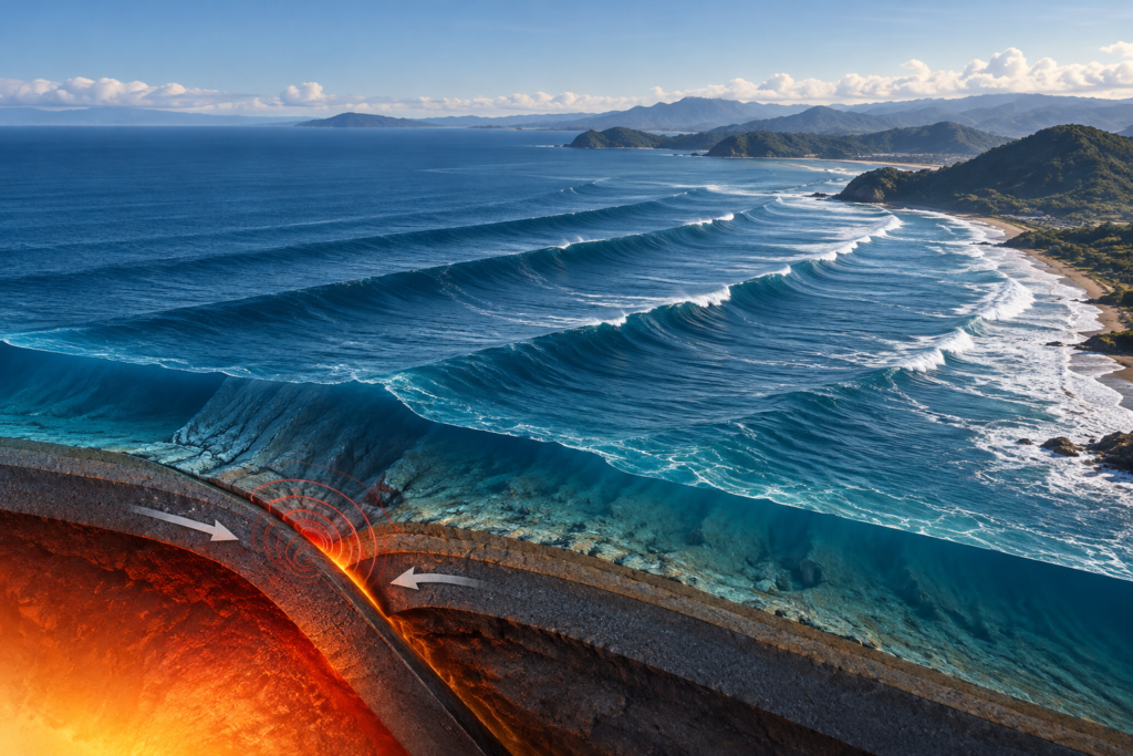 Formación de un tsunami por desplazamiento del fondo marino en una zona de subducción y propagación de olas hacia la costa