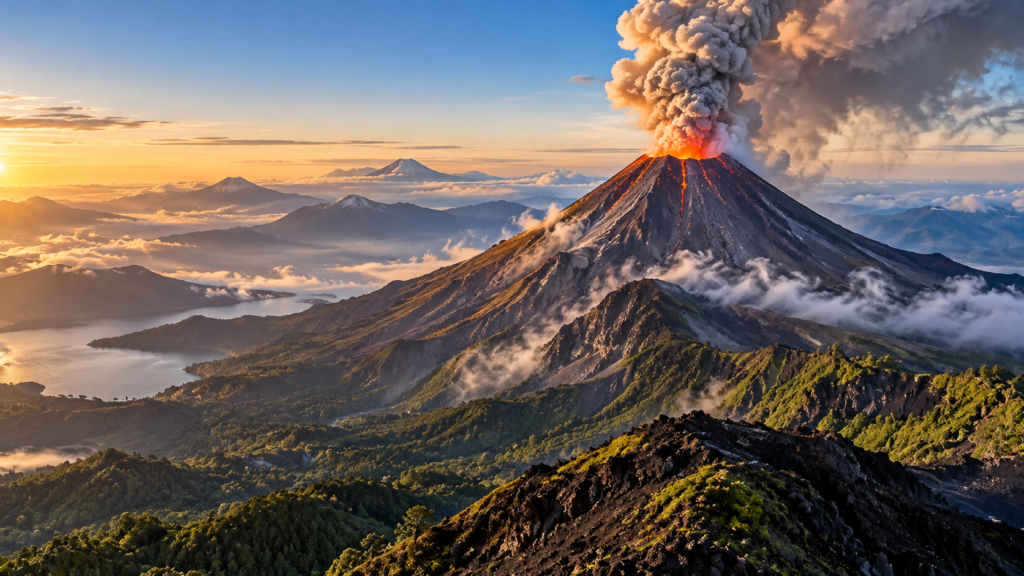 Ilustración de un volcán en erupción con lava y columna de ceniza